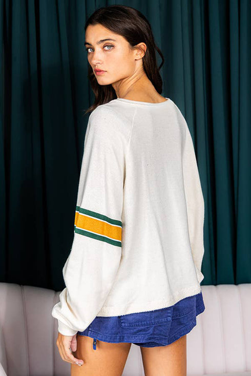 Retro Varsity Graphic Print V Neck Long Sleeve Top