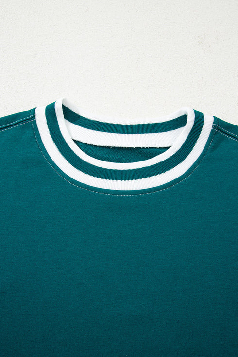 Retro Varsity Sleeve Stripe Drop Shoulder Cropped Pullover Sweatshirt