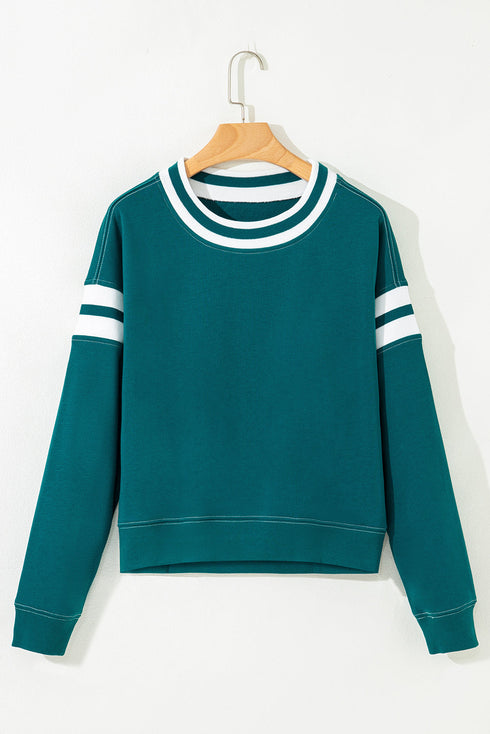 Retro Varsity Sleeve Stripe Drop Shoulder Cropped Pullover Sweatshirt