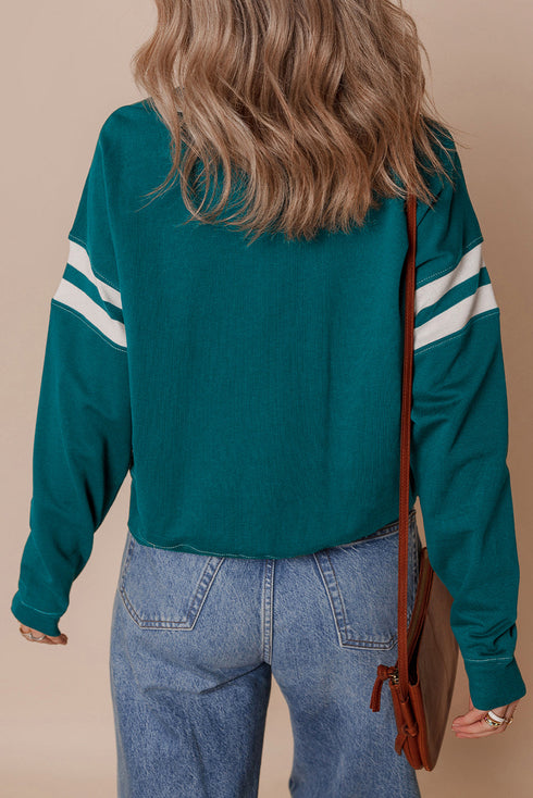 Retro Varsity Sleeve Stripe Drop Shoulder Cropped Pullover Sweatshirt