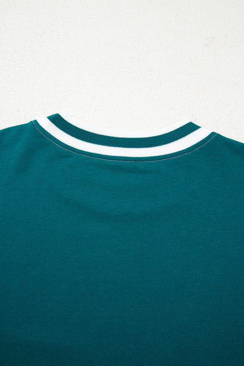 Retro Varsity Sleeve Stripe Drop Shoulder Cropped Pullover Sweatshirt