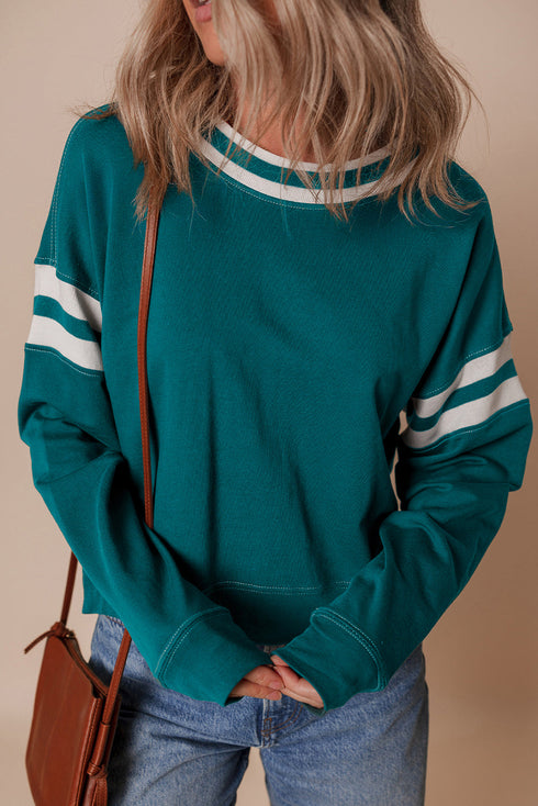Retro Varsity Sleeve Stripe Drop Shoulder Cropped Pullover Sweatshirt