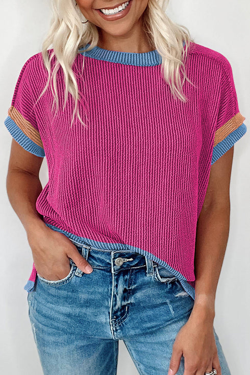 Retro Vibe Contrast Trim Corded Knit Short Sleeve Top