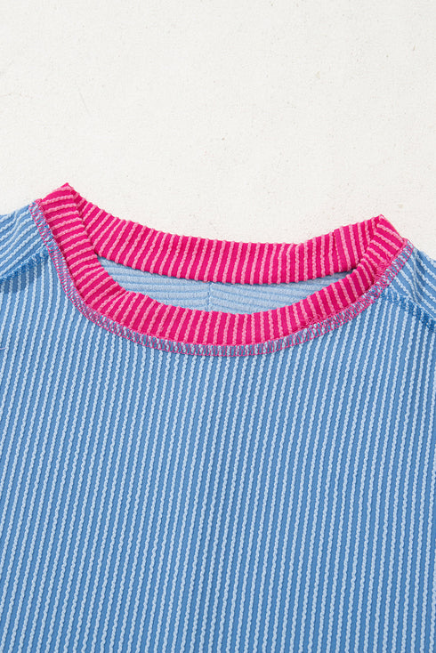 Retro Vibe Contrast Trim Corded Knit Short Sleeve Top