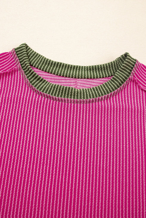 Retro Vibe Contrast Trim Corded Knit Short Sleeve Top