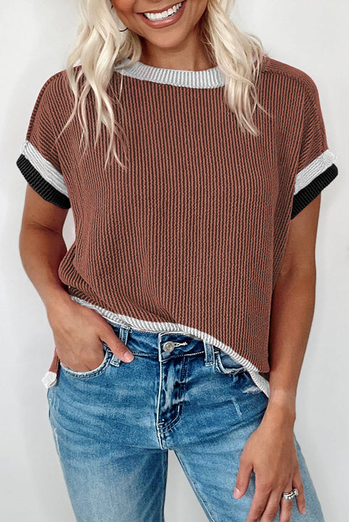 Retro Vibe Contrast Trim Corded Knit Short Sleeve Top