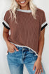 Retro Vibe Contrast Trim Corded Knit Short Sleeve Top