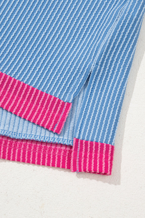 Retro Vibe Contrast Trim Corded Knit Short Sleeve Top