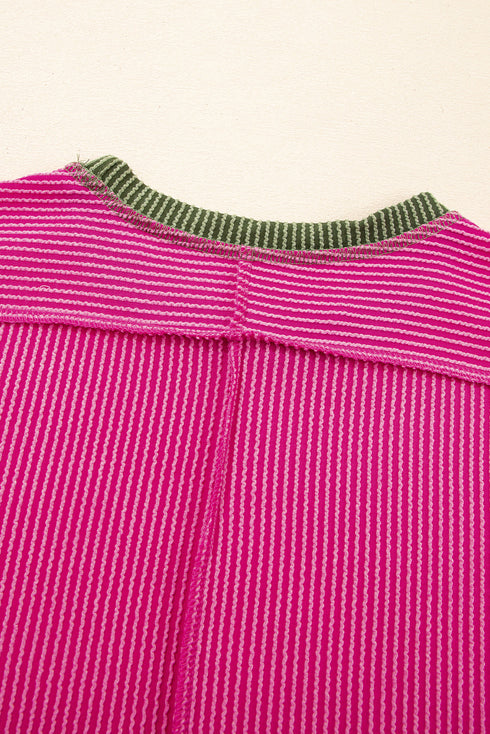 Retro Vibe Contrast Trim Corded Knit Short Sleeve Top