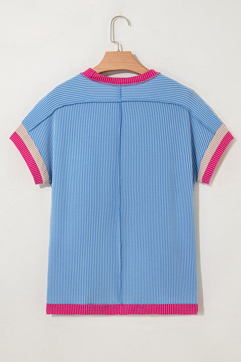 Retro Vibe Contrast Trim Corded Knit Short Sleeve Top