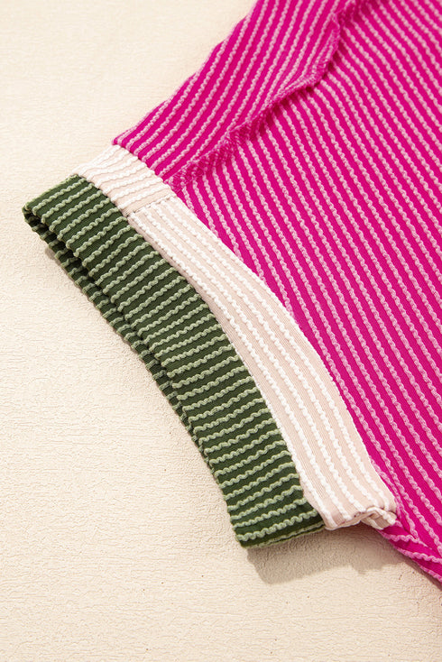 Retro Vibe Contrast Trim Corded Knit Short Sleeve Top