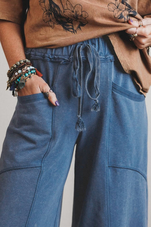 Retro Washed Drawstring High Waist Wide Leg Western Pants