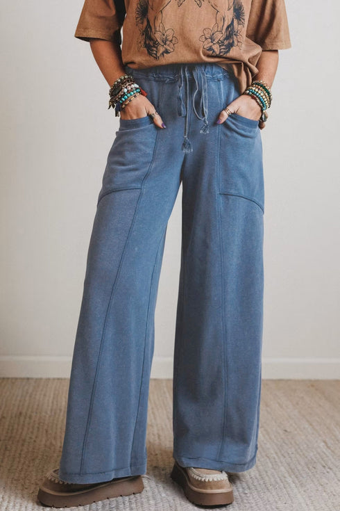 Retro Washed Drawstring High Waist Wide Leg Western Pants