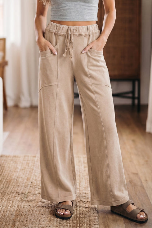 Retro Washed Drawstring High Waist Wide Leg Western Pants