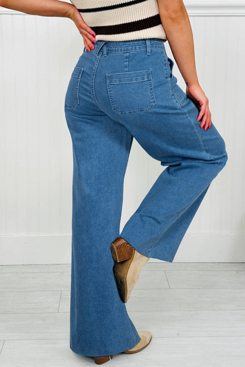 Retro Washed Patch Pocket Wide Leg Jeans