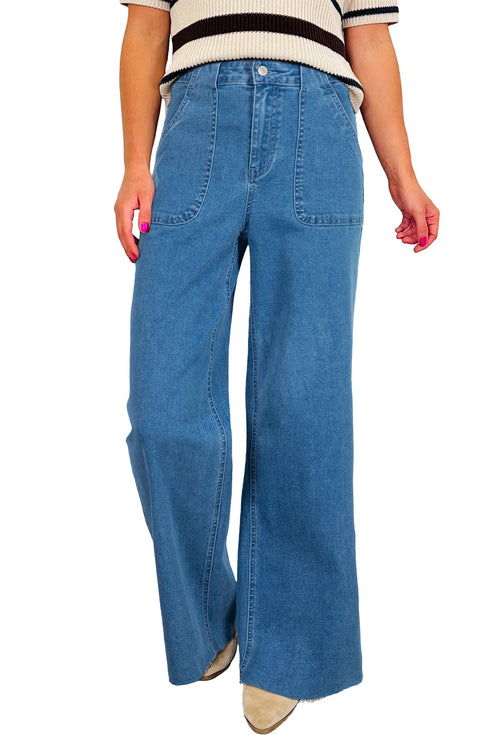 Retro Washed Patch Pocket Wide Leg Jeans