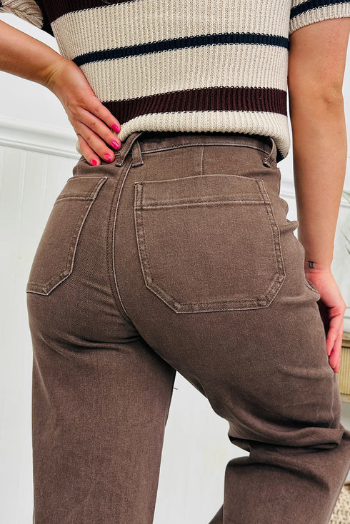 Retro Washed Patch Pocket Wide Leg Jeans