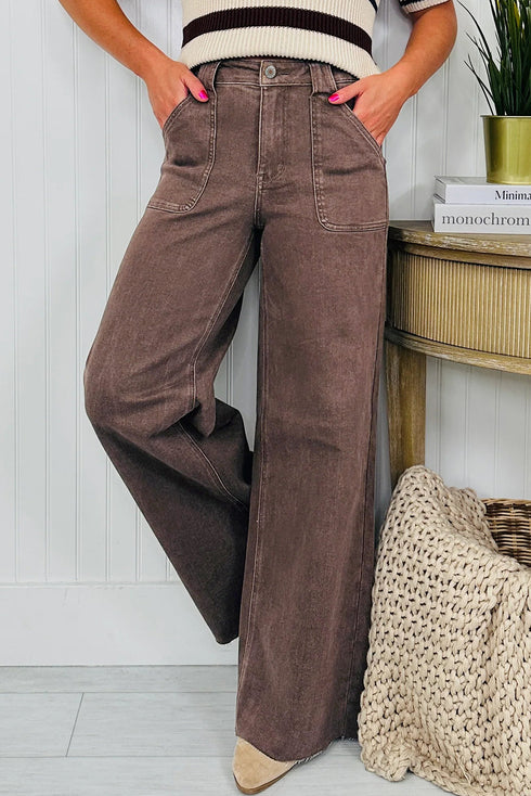 Retro Washed Patch Pocket Wide Leg Jeans