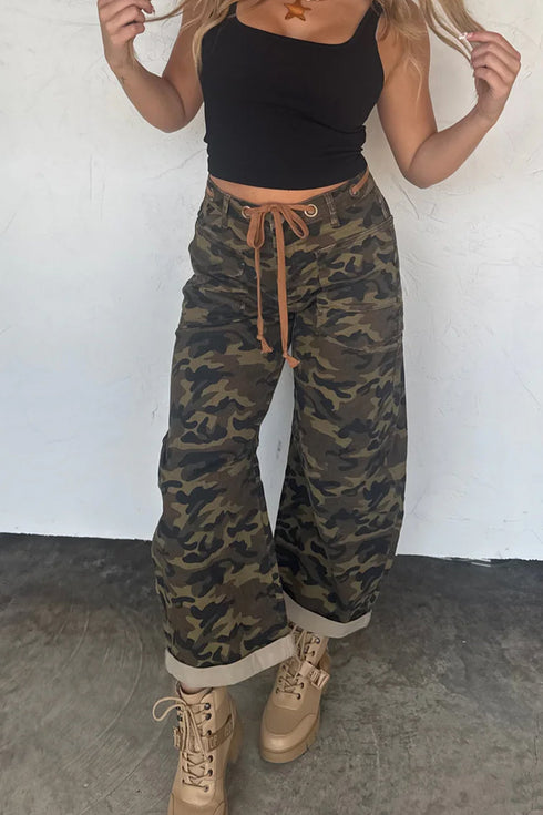 Retro Western Camouflage Print Grommet Tie Waist Loose Jeans