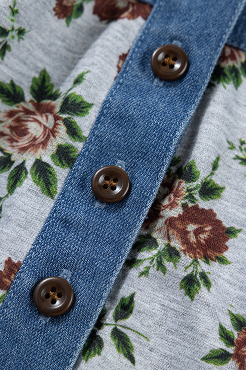 Retro Western Floral Print Patchwork Polo Collar Shirt