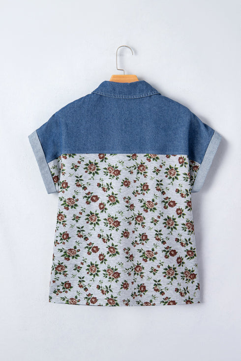 Retro Western Floral Print Patchwork Polo Collar Shirt