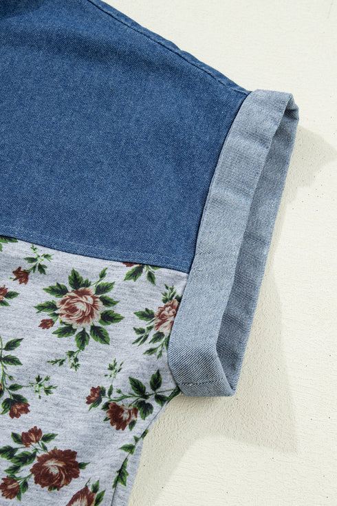 Retro Western Floral Print Patchwork Polo Collar Shirt