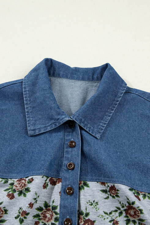Retro Western Floral Print Patchwork Polo Collar Shirt