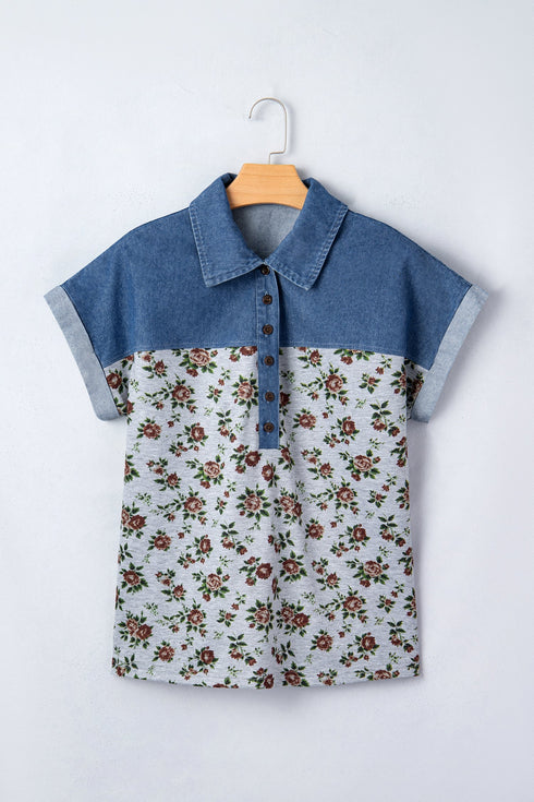 Retro Western Floral Print Patchwork Polo Collar Shirt