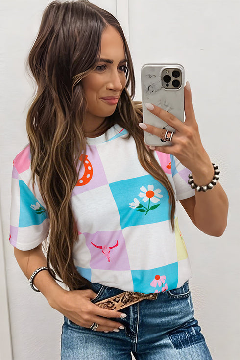 Retro Western Graphic Checkerboard Print Short Sleeve Tee