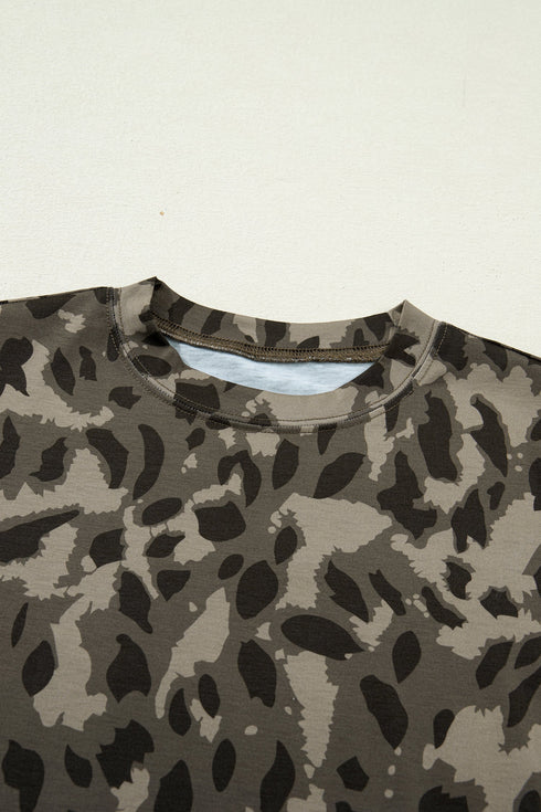 Retro Western Leopard Print Mock Neck Slim Tee