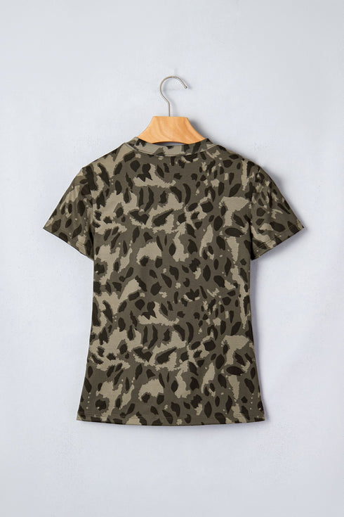 Retro Western Leopard Print Mock Neck Slim Tee