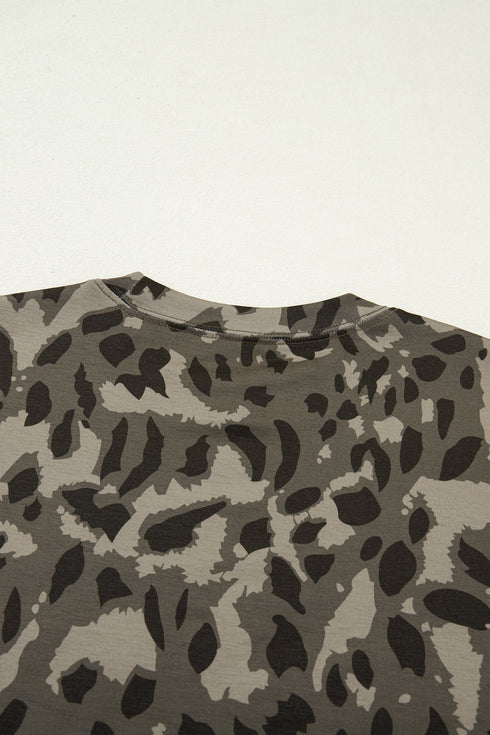 Retro Western Leopard Print Mock Neck Slim Tee
