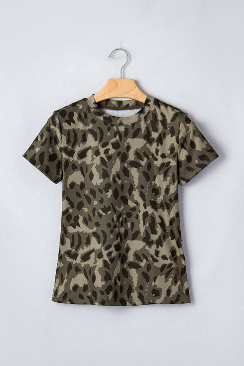 Retro Western Leopard Print Mock Neck Slim Tee