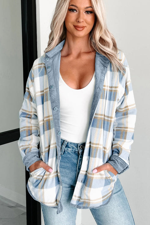 Reversible Casual Corduroy Button Up Plaid Shacket