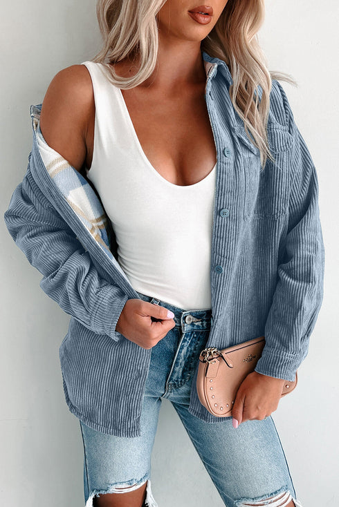 Reversible Casual Corduroy Button Up Plaid Shacket