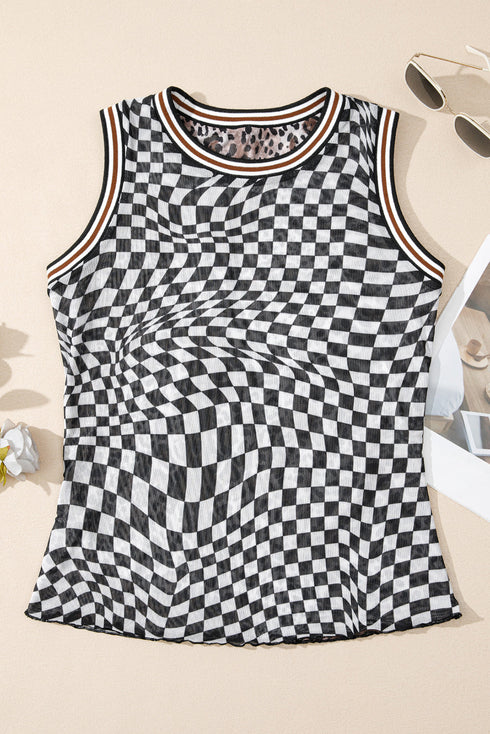 Reversible Checkerboard And Leopard Print Mesh Tank Top
