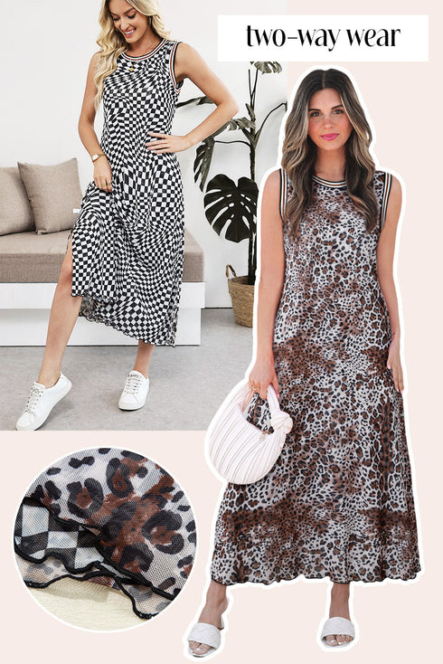 Reversible Leopard Checkered Print Sleeveless Maxi Dress