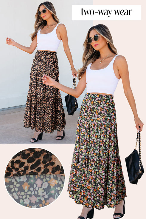 Reversible Leopard Floral Ruffle Hem Southern Maxi Skirt