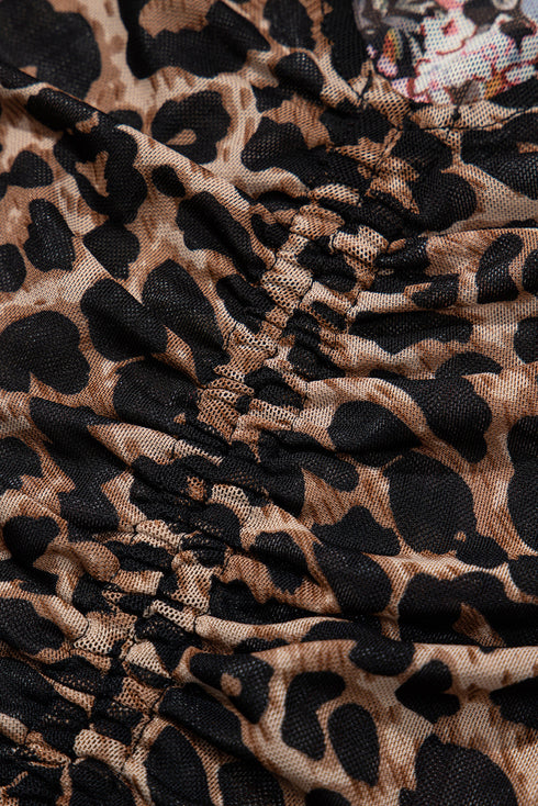 Reversible Mesh Leopard Floral Print Short Sleeve Midi Dress