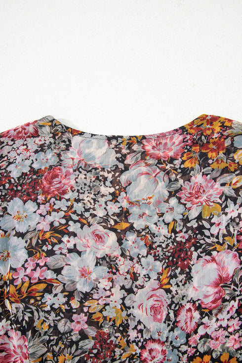 Reversible Mesh Leopard Floral Print Short Sleeve Midi Dress