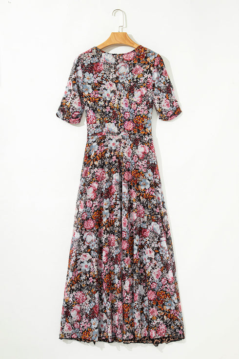 Reversible Mesh Leopard Floral Print Short Sleeve Midi Dress