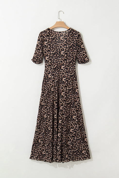 Reversible Mesh Leopard Floral Print Short Sleeve Midi Dress