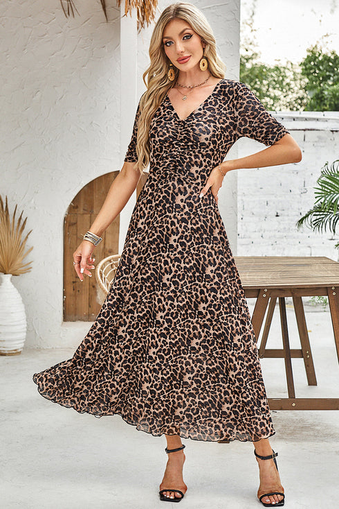 Reversible Mesh Leopard Floral Print Short Sleeve Midi Dress