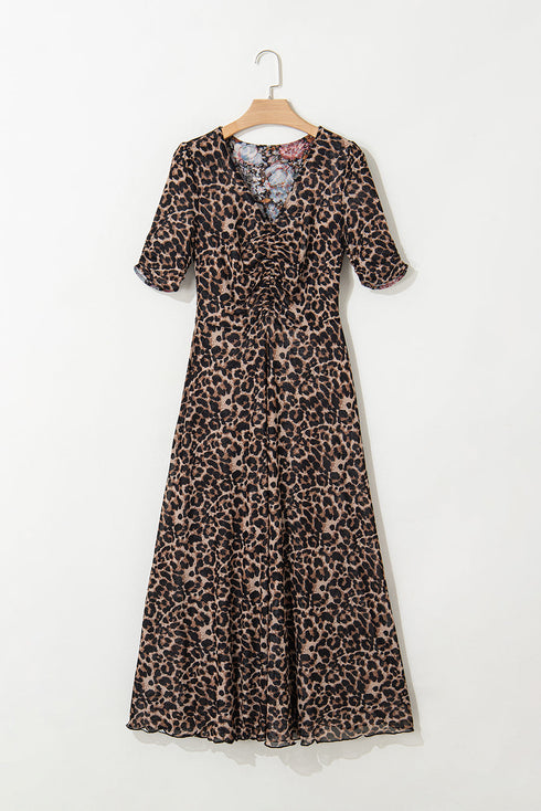 Reversible Mesh Leopard Floral Print Short Sleeve Midi Dress
