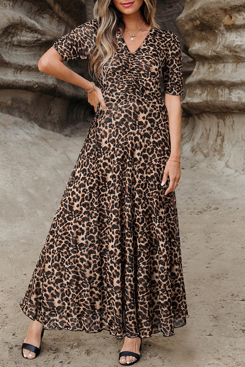 Reversible Mesh Leopard Floral Print Short Sleeve Midi Dress