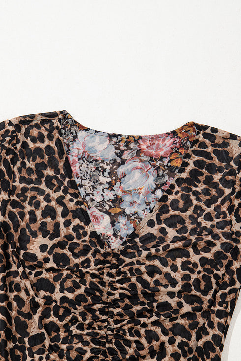 Reversible Mesh Leopard Floral Print Short Sleeve Midi Dress
