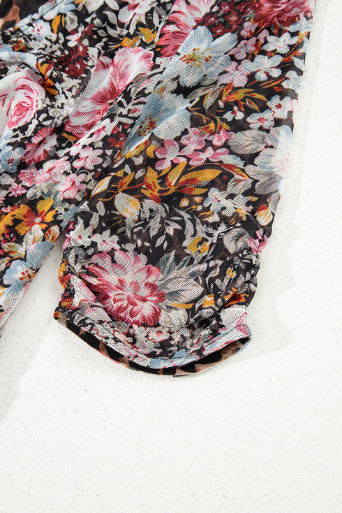 Reversible Mesh Leopard Floral Print Short Sleeve Midi Dress