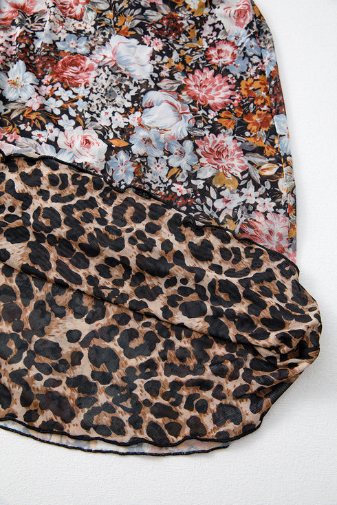 Reversible Mesh Leopard Floral Print Short Sleeve Midi Dress
