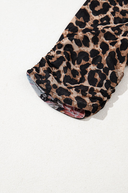 Reversible Mesh Leopard Floral Print Short Sleeve Midi Dress