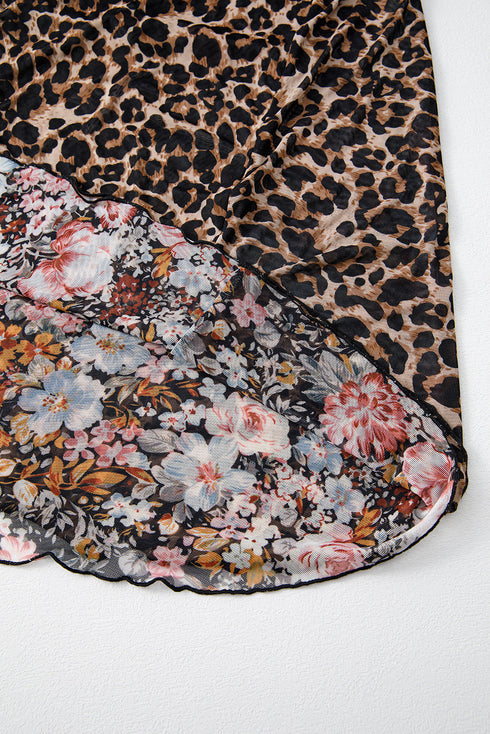 Reversible Mesh Leopard Floral Print Short Sleeve Midi Dress
